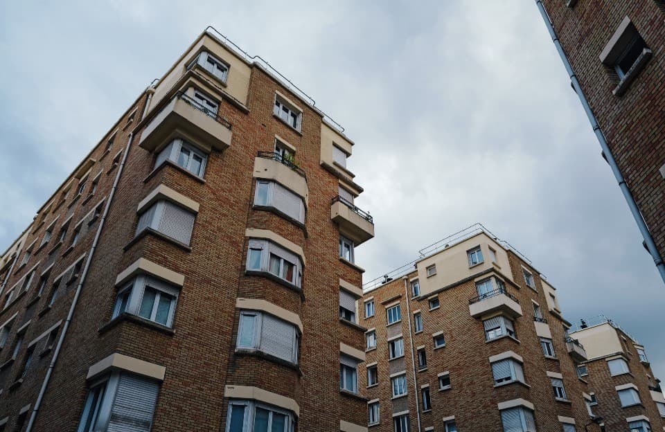 Multi-story European brick residential apartment buildings