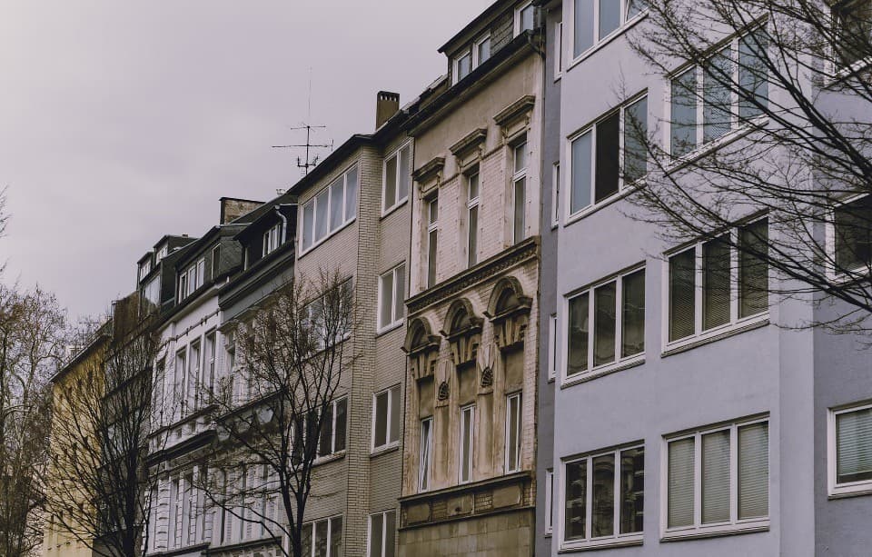 European urban streetscape with mixed traditional and modern facades